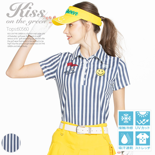 キスオンザグリーンレディースゴルフウェア　ニコちゃんワッペン刺繍付きストライプ半袖ポロシャツ
