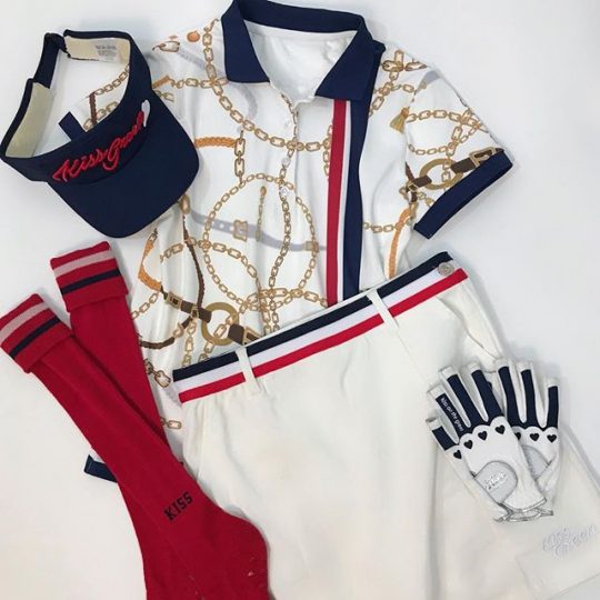 安定のnavy×red☆ホワイトベースで爽やかに️スカーフ柄プリントポロシャツ&トリコロール配色リボンテープ付き台形スカート